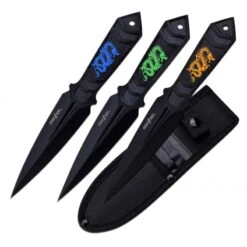Lot De 3 Couteaux De Lancer Perfect Point Inox Noir Motifs Dragons Colorés