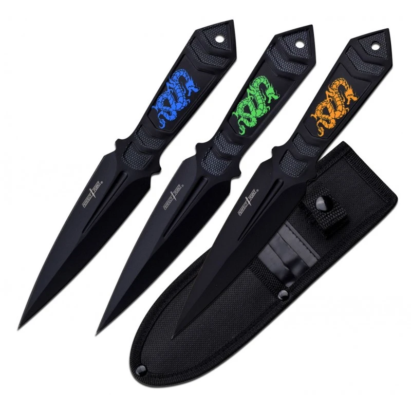 Lot De 3 Couteaux De Lancer Perfect Point Inox Noir Motifs Dragons Colorés 1 Lot De 3 Couteaux De Lancer Perfect Point Inox Noir Motifs Dragons Colorés
